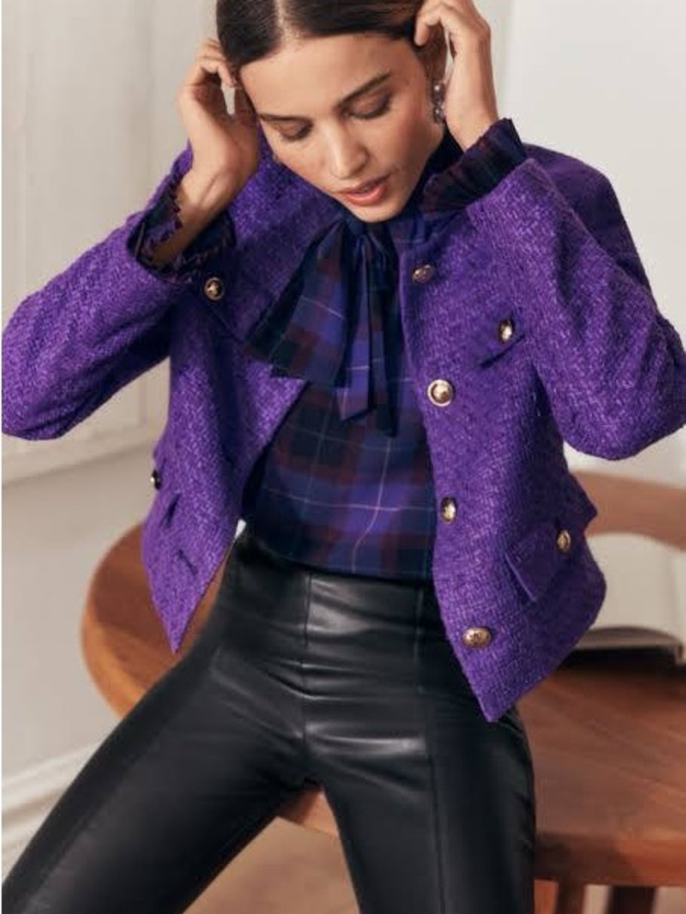 Ann Taylor Tweed Cropped Jacket Purple Vibrant Thistle Gold Button NWT Sz 2P